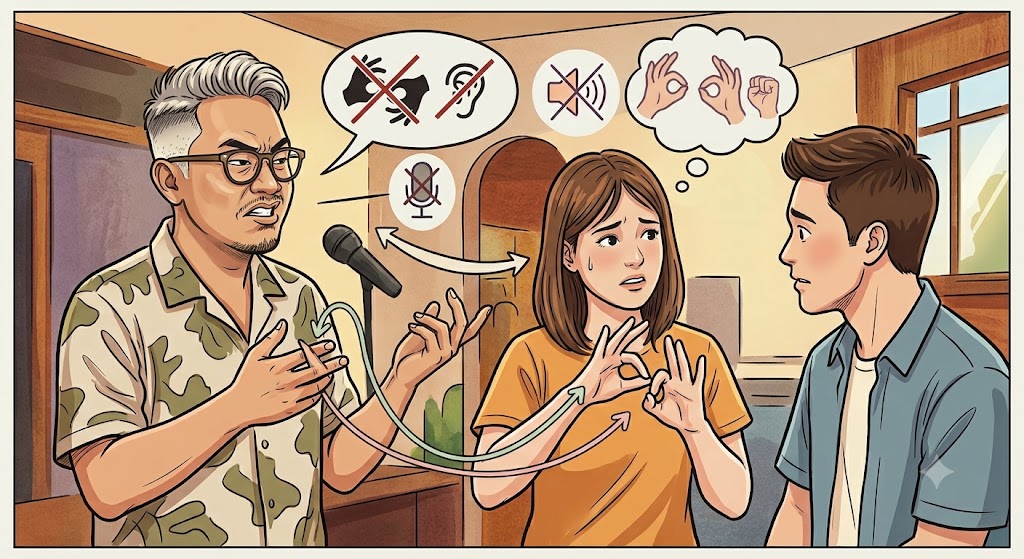 Ilustrasi Coki Pardede tengah menghina teman tuli yang ngobrol dengan bahasa isyarat