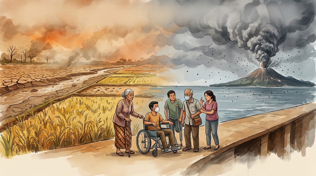 Ilustrasi situasi El Nino dan erupsi gunung Anak Krakatu di tengah gambar ada lansia dan disabilitas