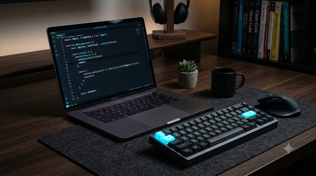 Foto setup meja kerja pengembang dengan laptop dan keyboard